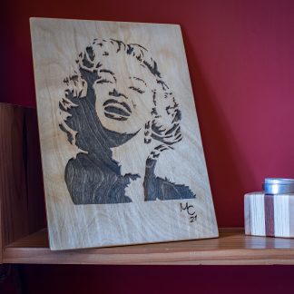 Handmade Wooden portrait of a laughing Marilyn Monroe