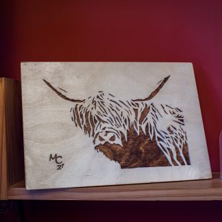 Handmade, framed Wooden picture of a Highland Coo