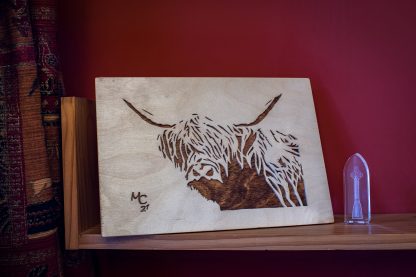Handmade, framed Wooden picture of a Highland Coo