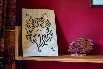 Handmade Wooden Artwork of a Cute Inquisitive Cat