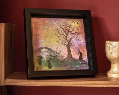 'Rabbit, Tree and Bridge' handmade ink and stamp artwork