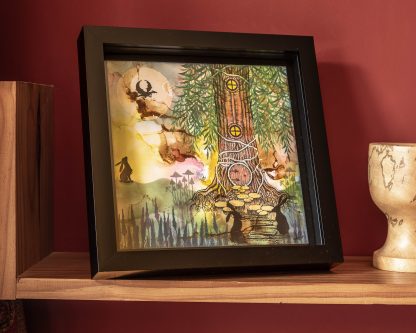 'Rabbit and hobbit Tree' handmade ink and stamp artwork