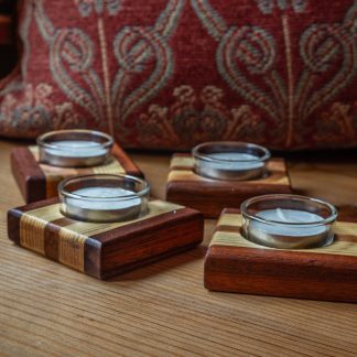 Coaster tea-light candle holders made from 2 species of contrasting wood
