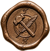 A wax seal imprinted with a hammer and a quill
