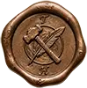 A wax seal imprinted with a hammer and a quill