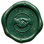 A wax seal imprinted with a handshake