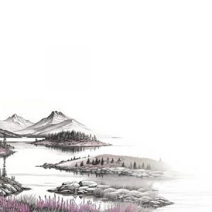 A pale, watercolour image of heather on the shores of a Scottish loch with mountains in the background