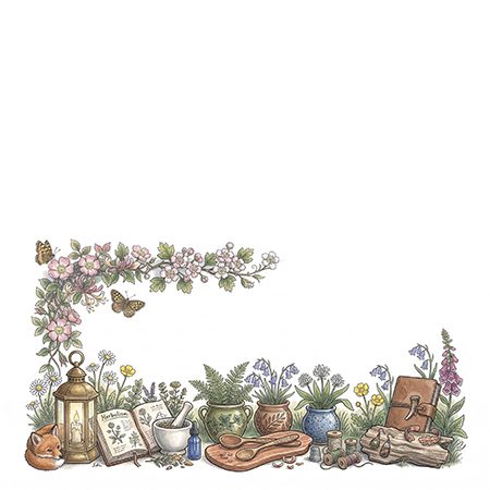 An whimsical, watercolour nature scence showing a flowering tree, a fox cub and assorted hand-crafted items