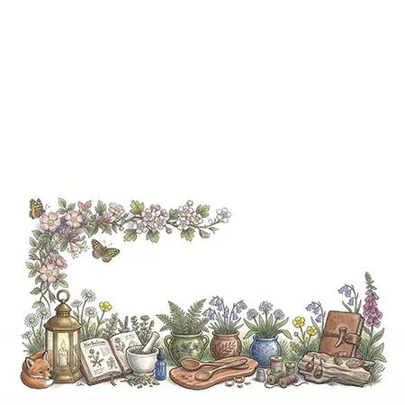 An whimsical, watercolour nature scence showing a flowering tree, a fox cub and assorted hand-crafted items