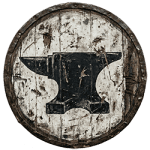 An anvil icon on a battle-worn wooden shield