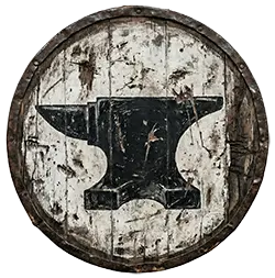 An anvil icon on a battle-worn wooden shield