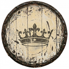 A crown icon on a battle-worn wooden shield