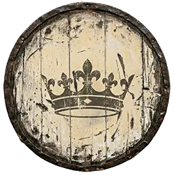 A crown icon on a battle-worn wooden shield