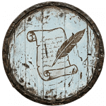 A quill and parchment icon on a battle-worn wooden shield