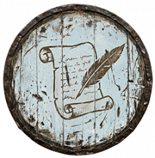 A quill and parchment icon on a battle-worn wooden shield