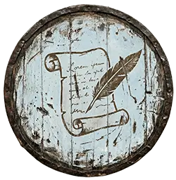 A quill and parchment icon on a battle-worn wooden shield