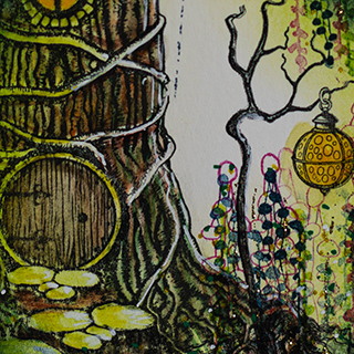 A whimsical, highly detailed ink drawing of a rustic cottage nestled among stylized trees and forest foliage.