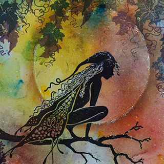 A fine-line black ink illustration of a delicate fairy with ornate, translucent wings on a warm-toned, textured background.