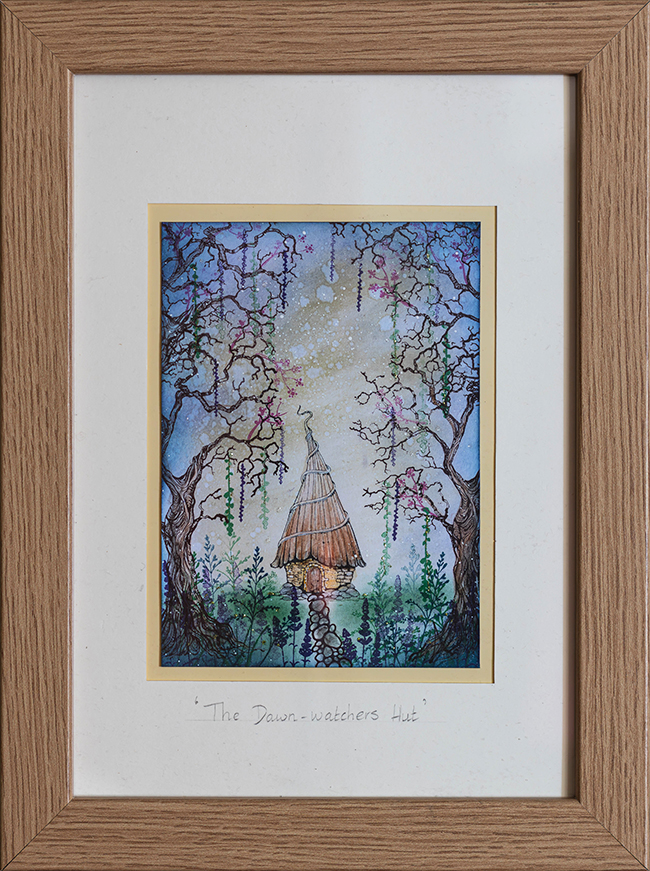 A detailed black ink illustration of a whimsical, rustic fantasy hut nestled among stylized trees, drawn with meticulous line-work on a warm-toned background.