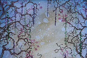 Close-up of fine-line ink architectural illustration and atmospheric mist-wash textures on heavy-weight paper, representing the Scriptorium collection.